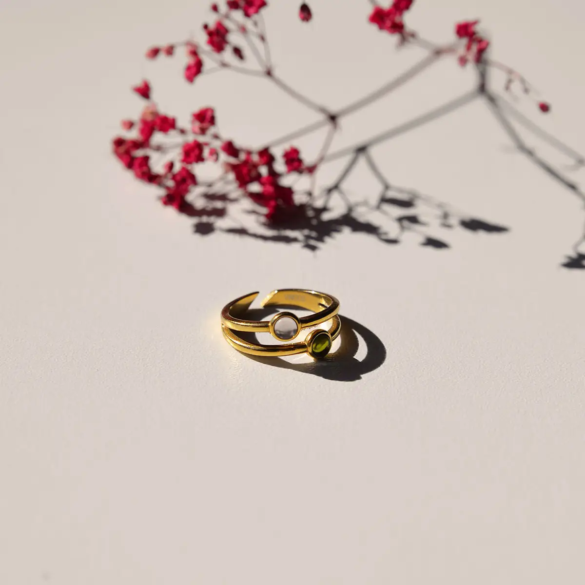 RING DUBBEL GOUD - ROZE / GROEN