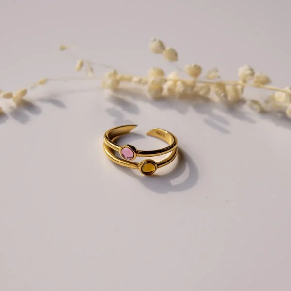 RING DUBBEL GOUD - AMBER / FUCHSIA